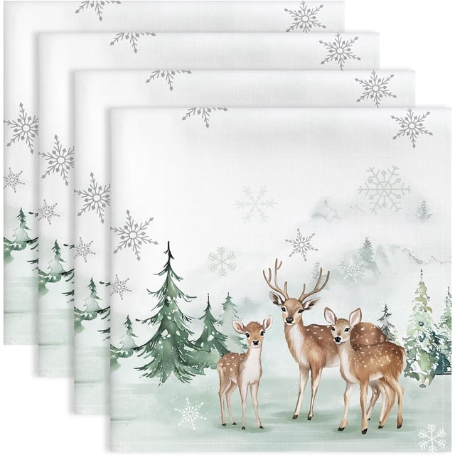 Winter Deer Napkins, 18×18 Inch Dinner Cloth Napkins Set of 4, Washable Cotton Soft Absorbent Square Table Top Decoration for Christmas Dining Kitchen Party Wedding