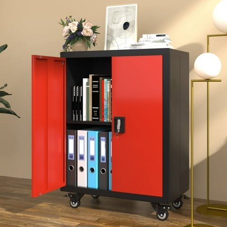 

YELROL Metal Storage Cabinets with Wheels Lockable Steel Storage Cabinet with Doors and Shelves Office Cabinet for Home Office Garage Classroom Black