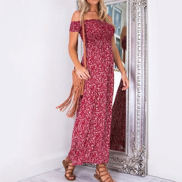 BJYX Robe d'Été Femmes Casual hors Épaule Plissé Boho Floral Imprimé Vacances Robe Fendue Parti Longues Robes