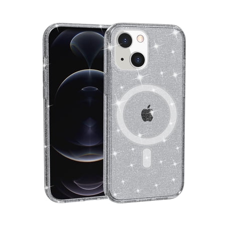 For Apple iPhone 13 /6.1 MagSafe Compatible Glitter Shiny Sparkle Bling TPU Rubber Hard PC Back Hybrid Armor Frame Cover Xpm Phone Case [ Gray Smoke ]