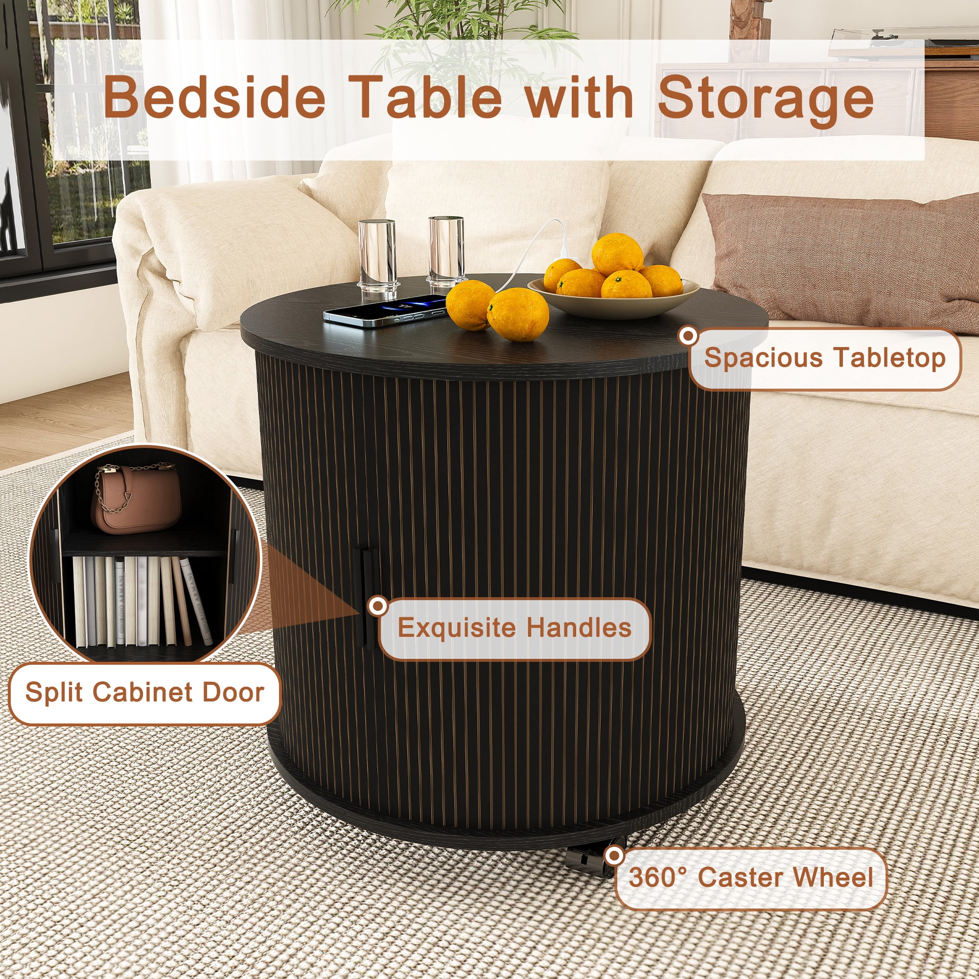 Cylinder End Table with Built-in Charging Station & Sliding Door, 2-Tier Storage Round Nightstand with USB Ports, Bedside Table for Living Room, Bedroom, Entryway