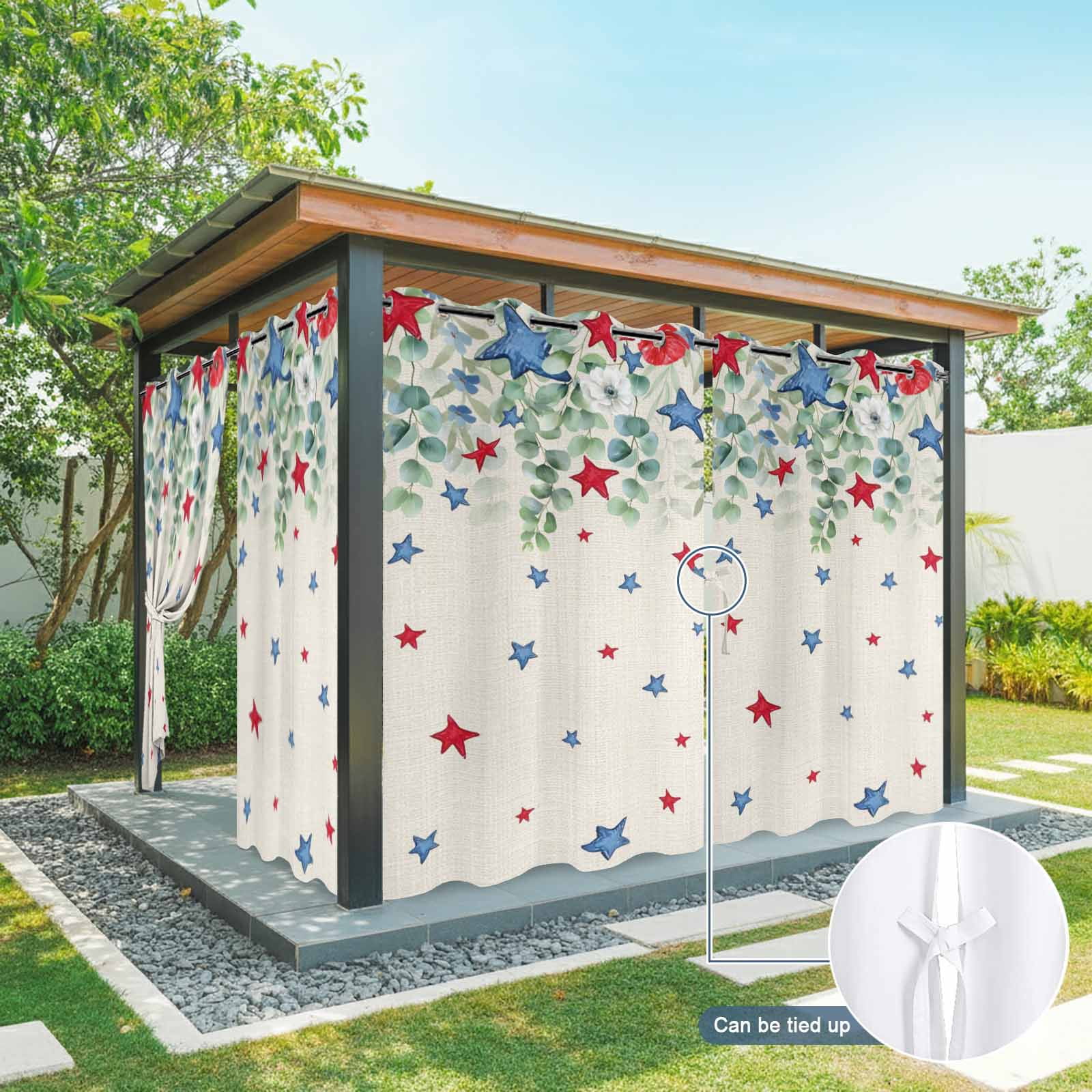 Independence Day Star Outdoor Curtains for Patio, Country Farmhouse Red Blue Star Leaf Flower Linen Sunshade Privacy Drapes Grommet Waterproof Outside Curtains for Porch Balcony 54"x95", 2 Panel