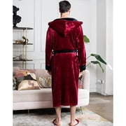 Lotus Linen Plush Hooded Robe for Men - Soft Fleece Bathrobe, Burgundy Black M/L