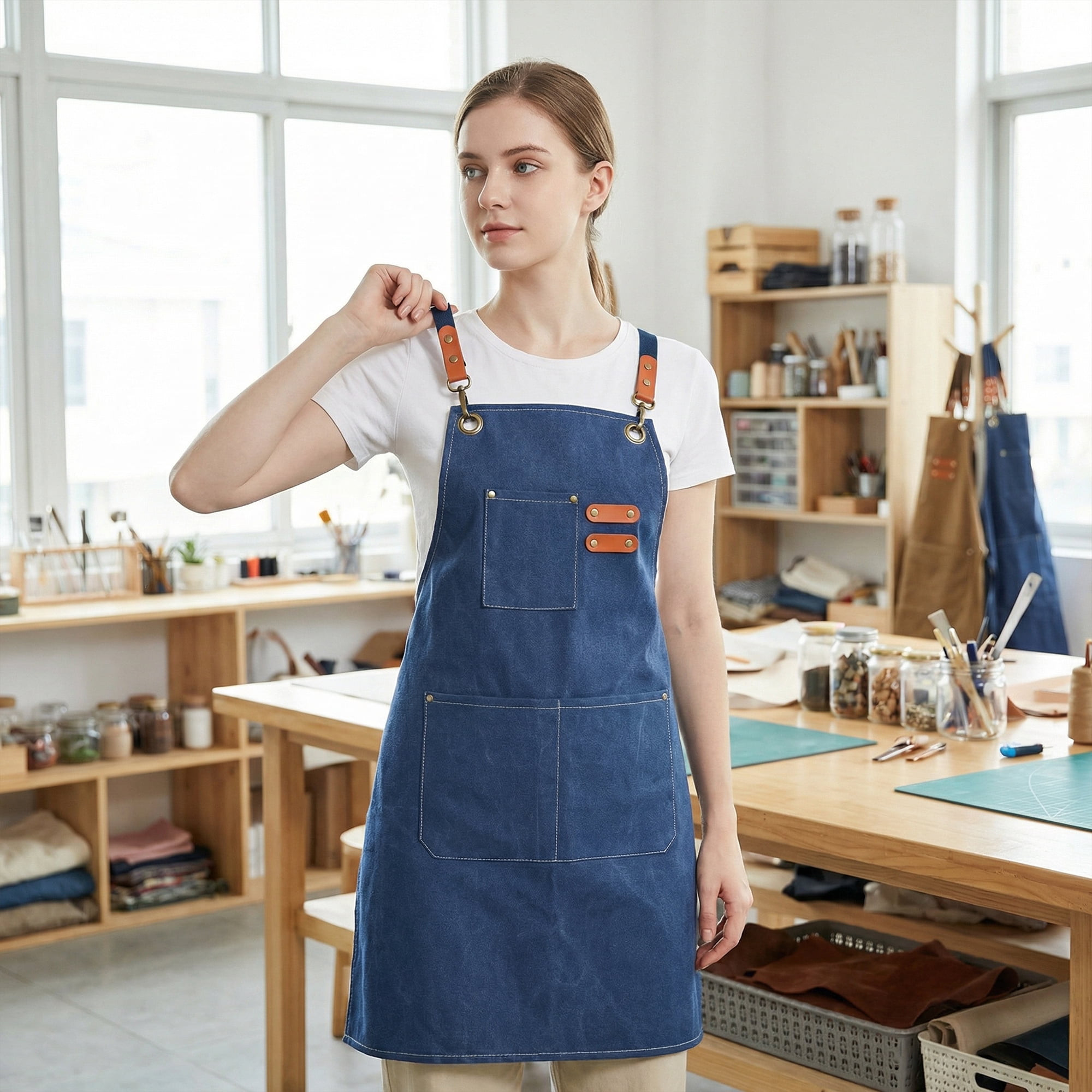 Unique Bargains Adjustable Long Waist Kitchen Apron with Pockets for People Dark Blue