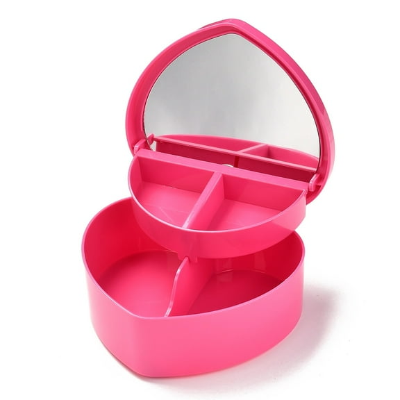 Heart Plastic Jewelry Boxes Double Layer with Cover and Mirror Hot Pink 12.2x13.3x5.55cm 4 compartments/box