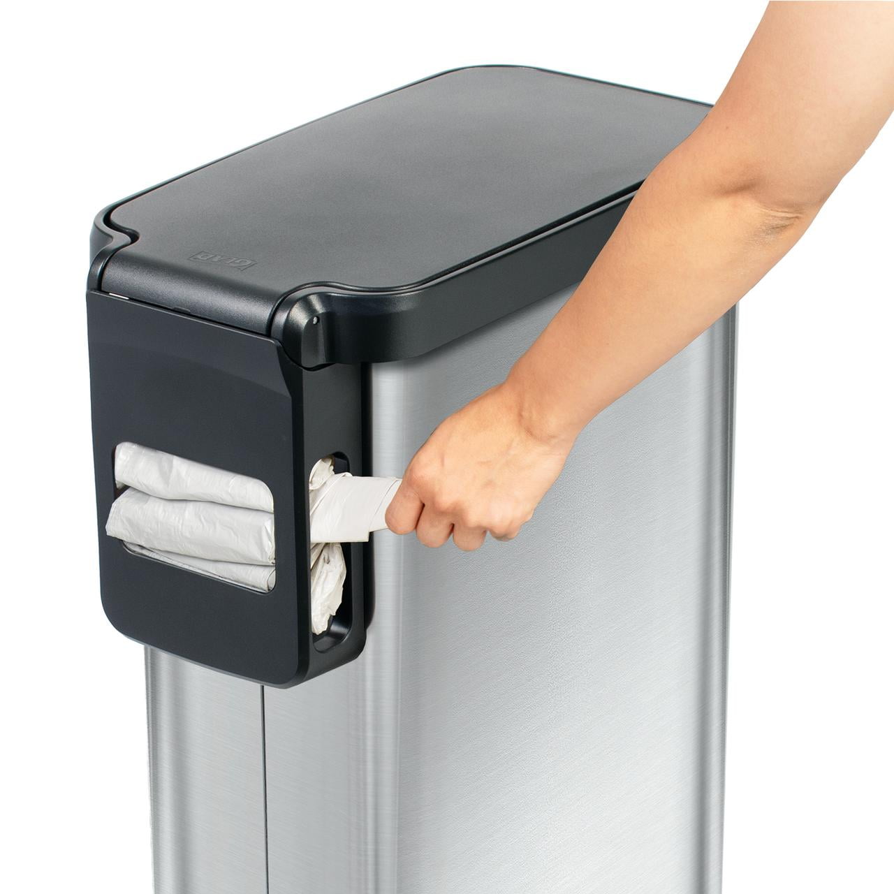 Glad Kitchen Trash Can, 12 Gallon Stainless Steel Slim Step Garbage Bin with Black Lid, Silver
