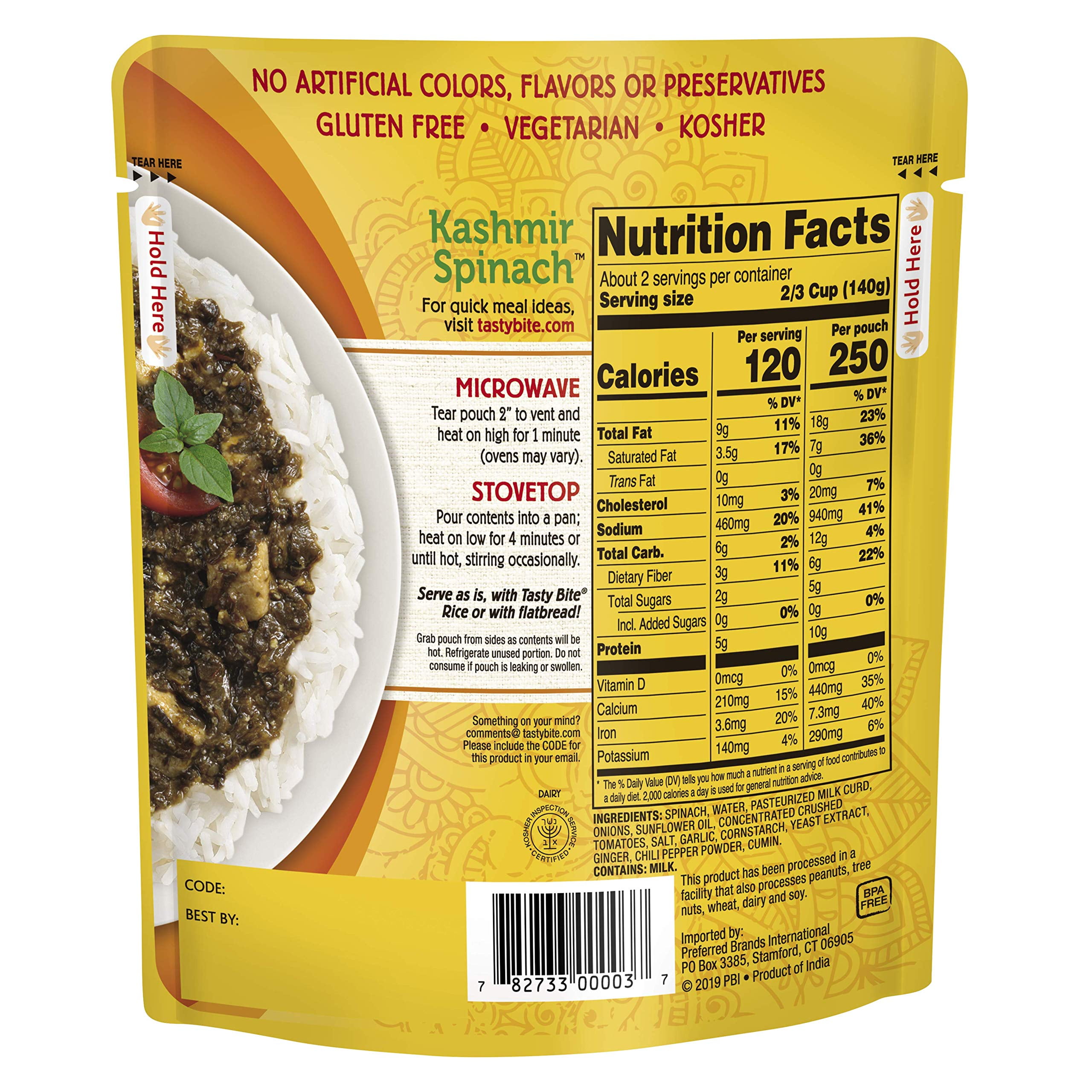 Tasty Bite Indian Kashmir Spinach, Microwaveable Ready to Eat Entre, 10 Ounce (Pack of 6)