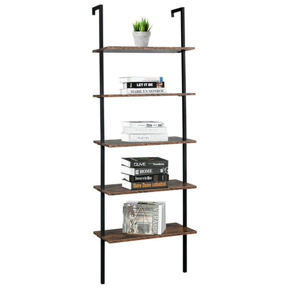 Alvantor Industrial Wall Mounted 5-Tier Ladder Shelf, Rustic Brown & Black, 23.6" L x 11.8" W x 70.9" H