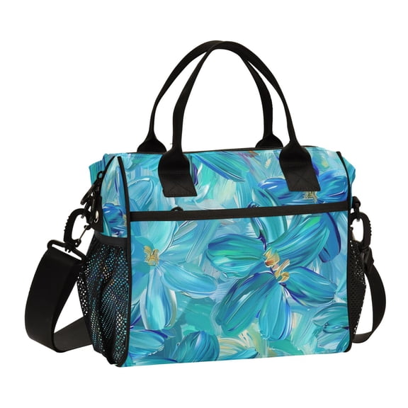 Turquoise and Blue Flowers Lunch Bag Insulated Lunch Box Leakproof Reusable Cooler Tote Adjustable Shoulder Strap for Men Women 9L