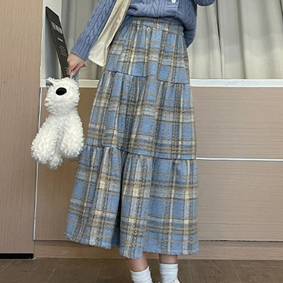 Skirt for Women Clearance under $5.00 High-Waist Plaid Wool Blend Skirt with Elastic Waist Knee-Length Tiered Skirt Blue M
