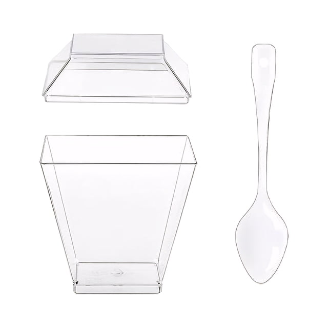 Paquete de 50/100 vasos de postre de plástico de 60 ml vasos cuadrados para parfait con tapas y cucharas