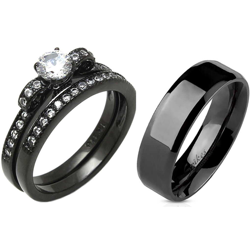 La Ny Jewelry - His Hers 3 PCS Round CZ Black IP Stainless Steel ...