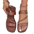 thumbnail image 6 of Brown Womens Open Toe Flat Sandals Casual Square Toe Elastic Back Slip On Sandals Soft Sole Pu Comfortable Brown Size 7.5, 6 of 9
