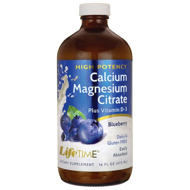 Lifetime High Potency Calcium Magnesium Citrate w/ Vitamin D-3 | Bone & Muscle Support | Easy Absorption, Dairy & No Gluten | Blueberry | 16 FL oz