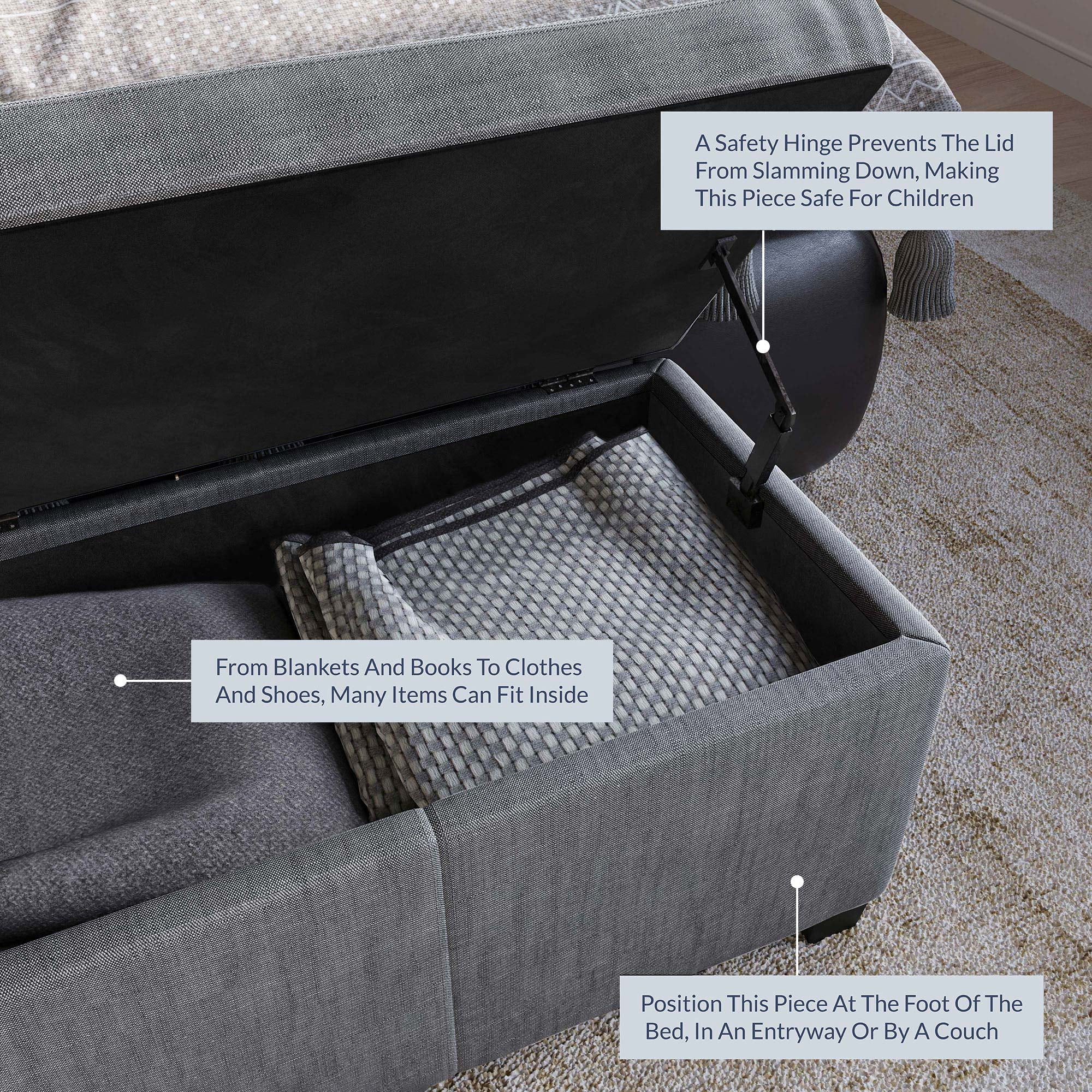 BELLEZE Storage Ottoman Bench Footstool - Amherst (Gray)