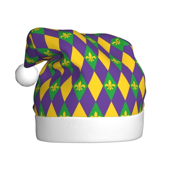 Kowoue Mardi Gras Pattern Santa Hat Christmas Hats for Adults, Holiday Unisex Velvet Comfort Xmas Hat for Women Men