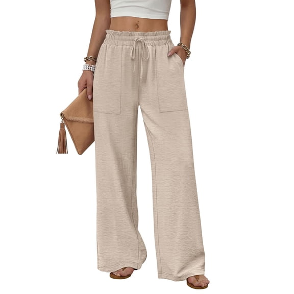 Wide Leg Pants Woman Flowy Palazzo Drawstring Elastic Waist Trousers with Pockets Casual Lounge Khaki M