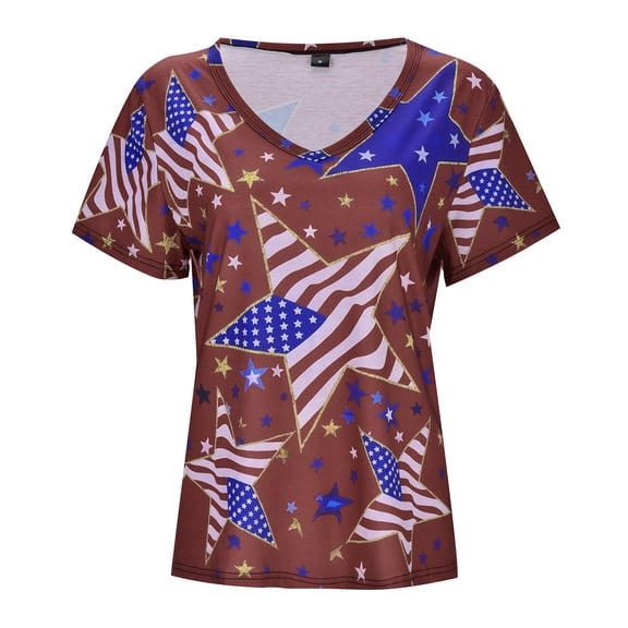 Pimfylm Women 4th of July Shirt American Flag Tshirt Vintage Stars Stripes Patriotic USA Short Sleeve Top Independence Day Blouses(Red,M)