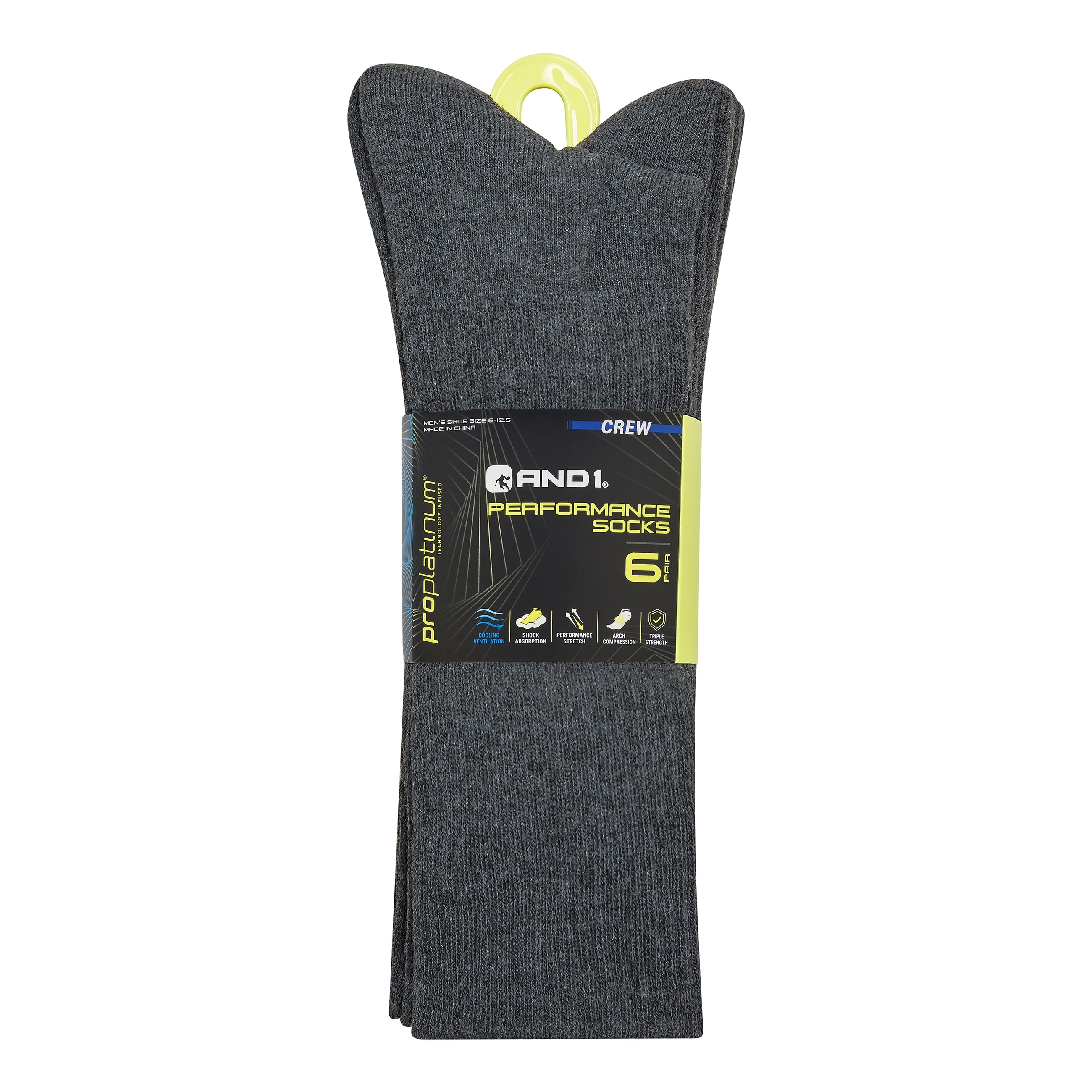 AND1 Men's Socks, Performance Cushion Crew Socks, 6-Pack