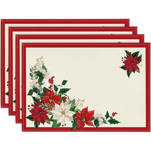 Beige Leaves Poinsettia Christmas Placemats Set of 4, 12x18 Inch Seasonal Winter Table Mats for Party Kitchen Dining Decoration
