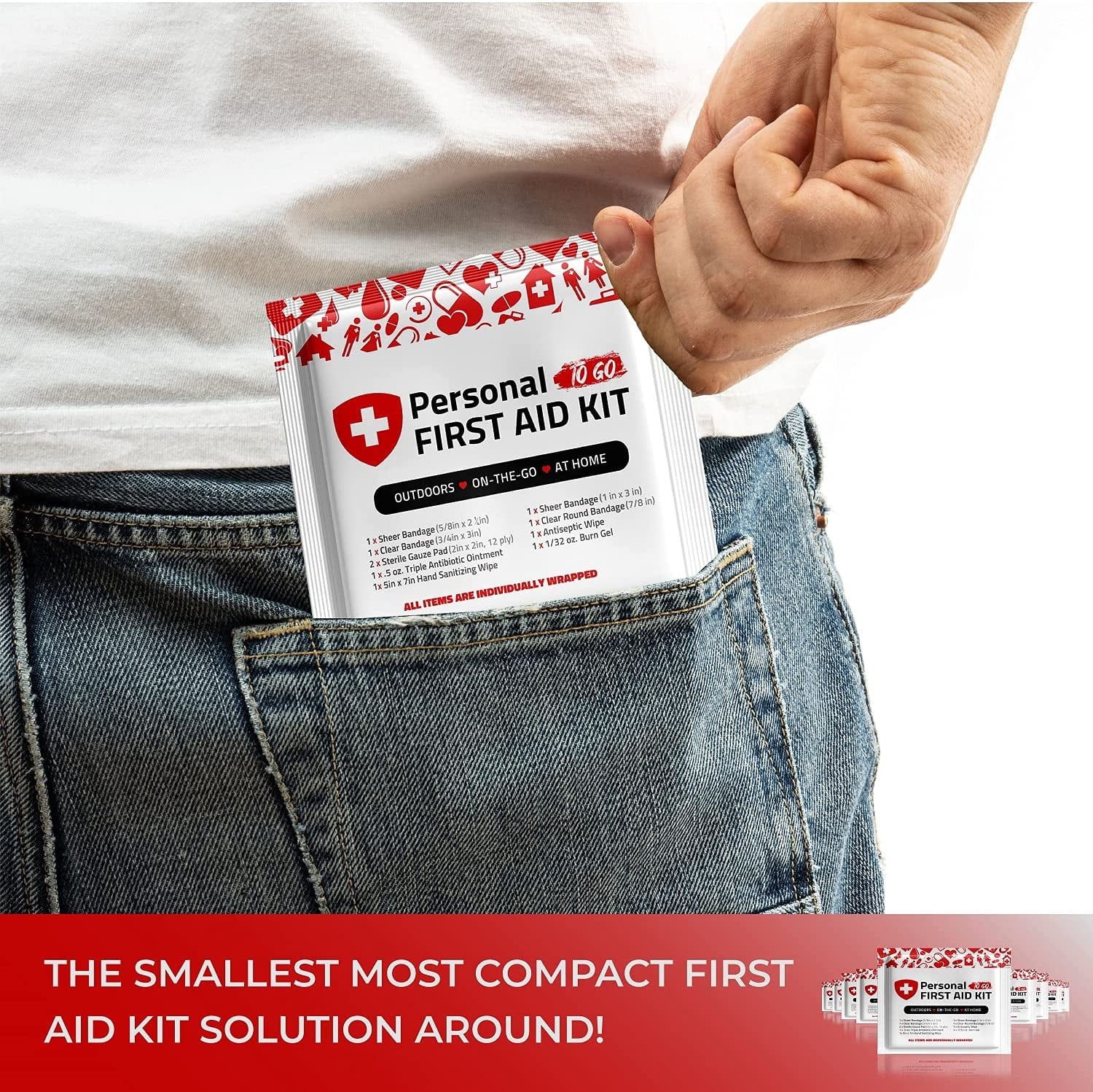 Portable Travel Size First Aid Kit - 10 Pack | Perfect for Home, Office, Car, School, Business, Travel, Hiking, Hunting, and Outdoors | Individually Wrapped First Aid Products (Red)