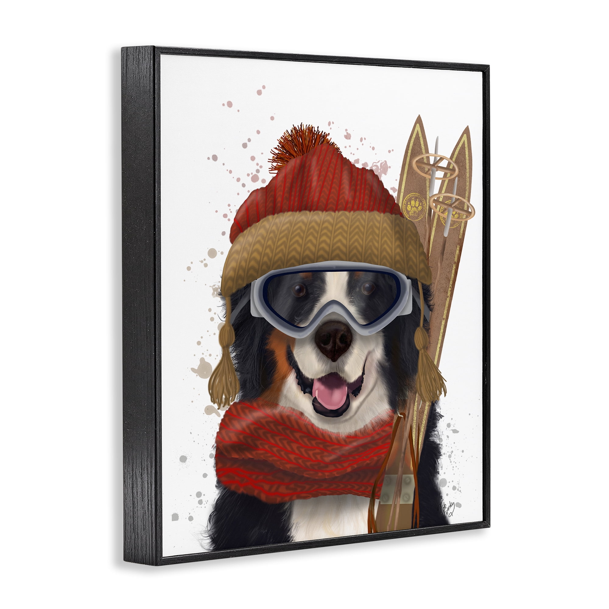 Stupell Industries Happy Skiing Dog Animals & Insects Painting Black Framed Art Prints Wall Art, 11 x 14