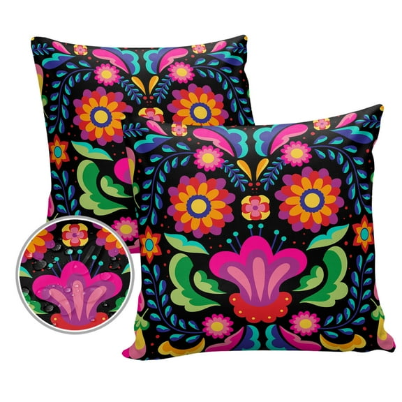 Pack of 2 Outdoor Pillow Covers, Mexico Colorful Mystic Floral Pattern Waterproof Square Throw Pillowcase Cushion Decorative Pillow Covers for Couch Patio Tent, 16x16 in
