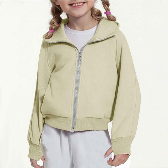 JUSLIO Hoodies for Girls Athletic Zipper Hooded Sweatshirt Fall/Winter Pockets Long Sleeve Tops Sweatshirts Beige(4 Years)