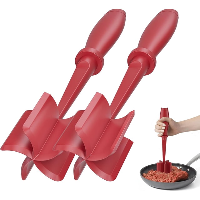 PGYARD 2 Pcs Meat Chopper, Premium Heat Resistant Nylon Masher, Non Stick Mix Chopper, Hamburger Smasher Safe-Red
