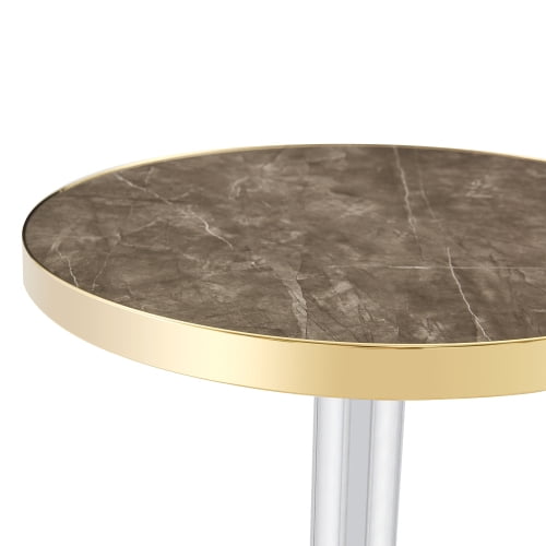 23.6-Inch Round Faux Gray Marble Bistro Table with Stainless Steel Base & Gold Trim Edge, High-Gloss Compact Dining Accent Table for Kitchen Office Balcony