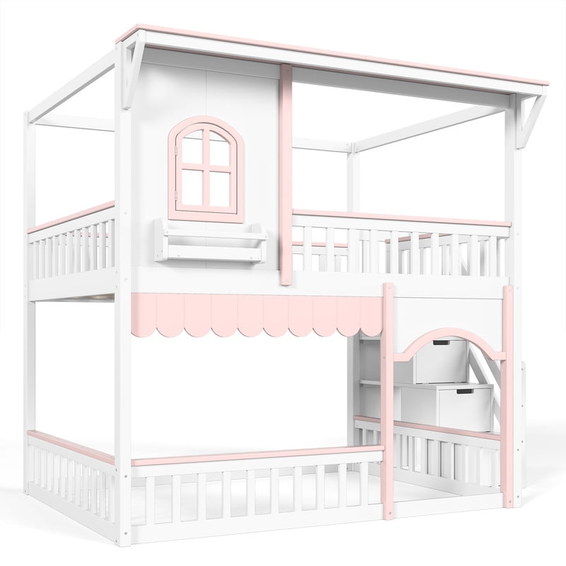 Full-Over-Full Wood Storage Bed Frame with Staircase & Small Bookshelf, Kids House Bunk Bed with Window, Eave & Door