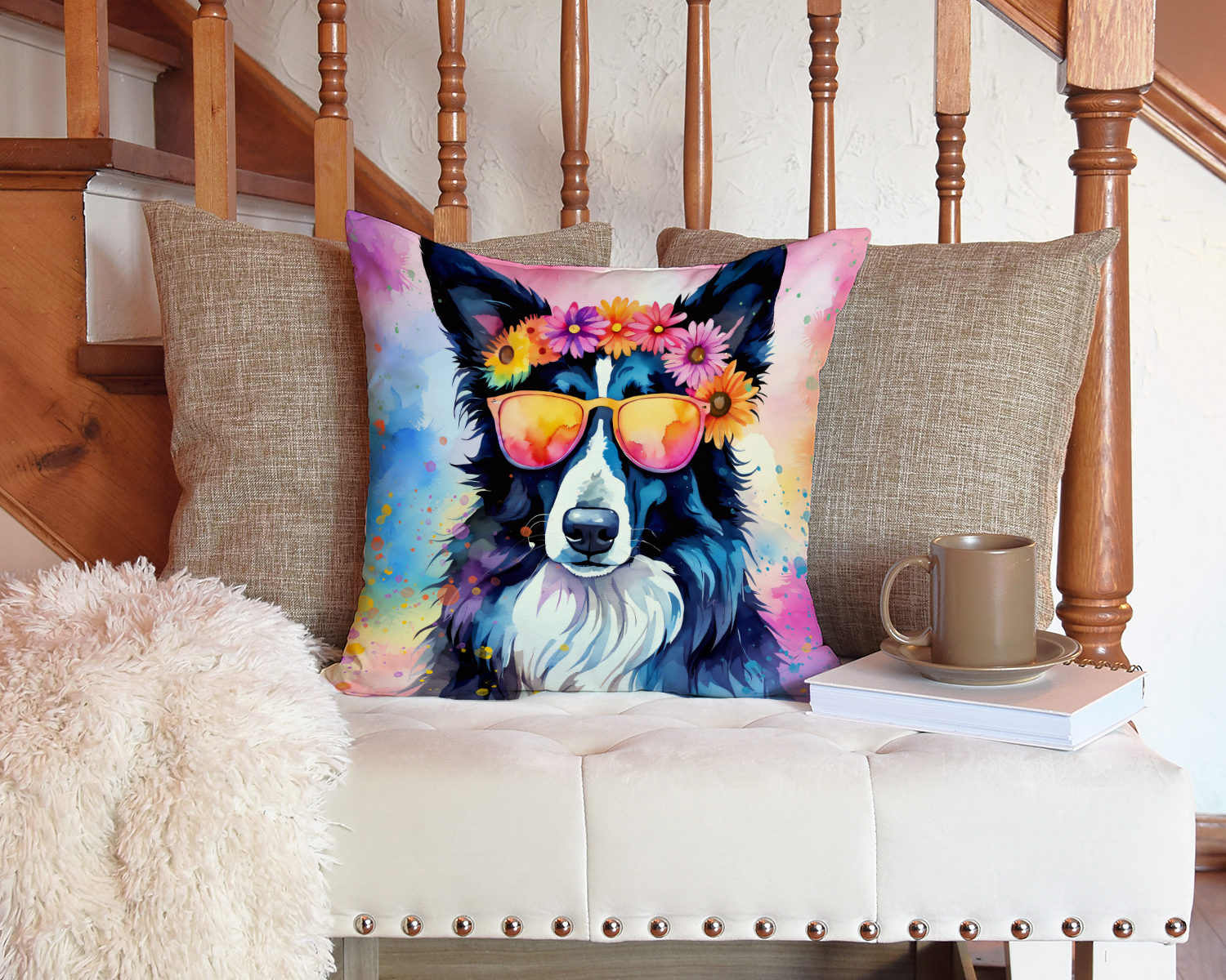 Border Collie Hippie Dawg Fabric Decorative Pillow 14 in x 14 in