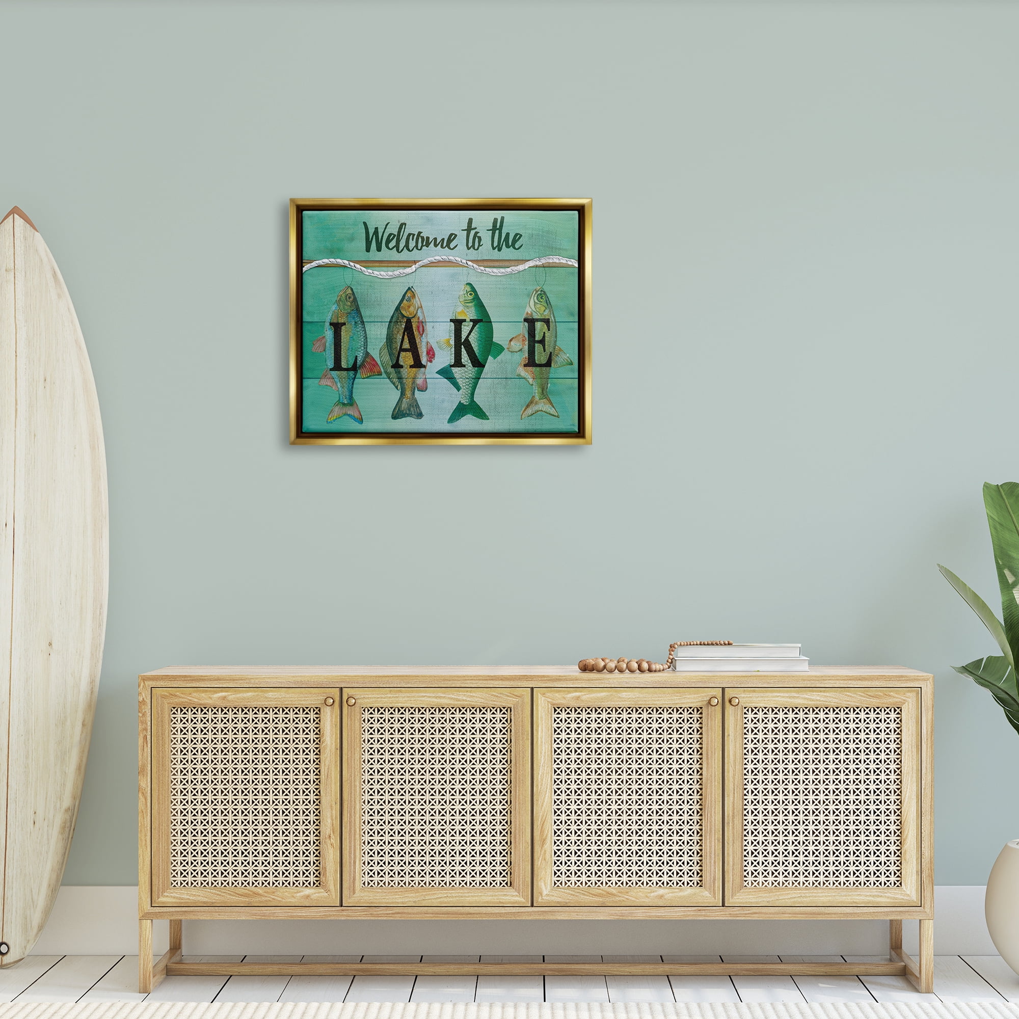 Stupell Welcome Lake Nautical Fishing Rope Landscape Painting Gold Floater Framed Art Print Wall Art