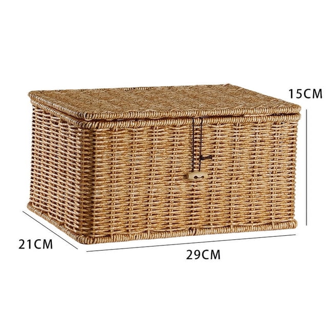 Caja de almacenamiento tejida de ratán de imitación de plástico con tapa Cesta de almacenamiento para el hogar Caja de almacenamiento de escritorio