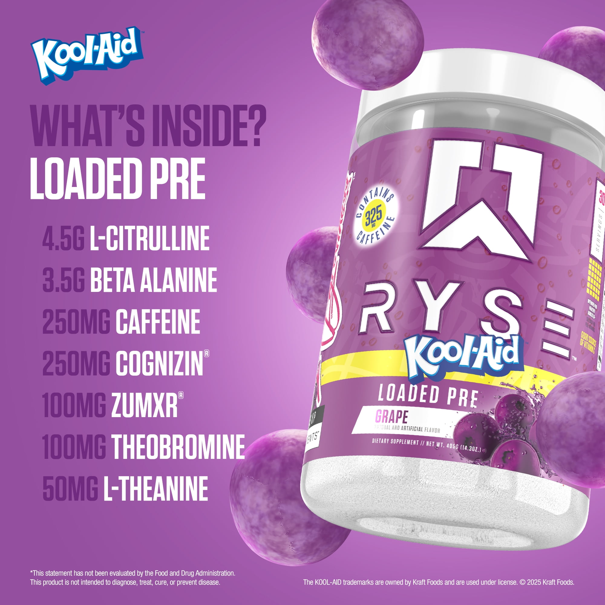 RYSE Loaded Daily Pre Workout Powder - Kool-Aid Grape - 30 Servings