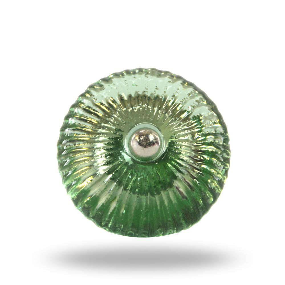 Set of Six Ribbed Round Green Glass Cabinet Knobs