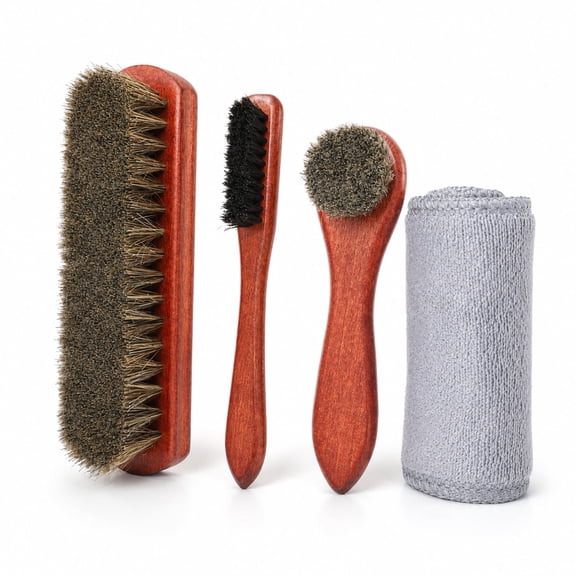 WLGJL Horsehair Shine Shoes Brush Kit Polish Dauber Applicators Cleaning Leather Shoes Boots Care Brushes Suede Cleaner Brush with Microfiber Shoe Cloth(4 Pcs)