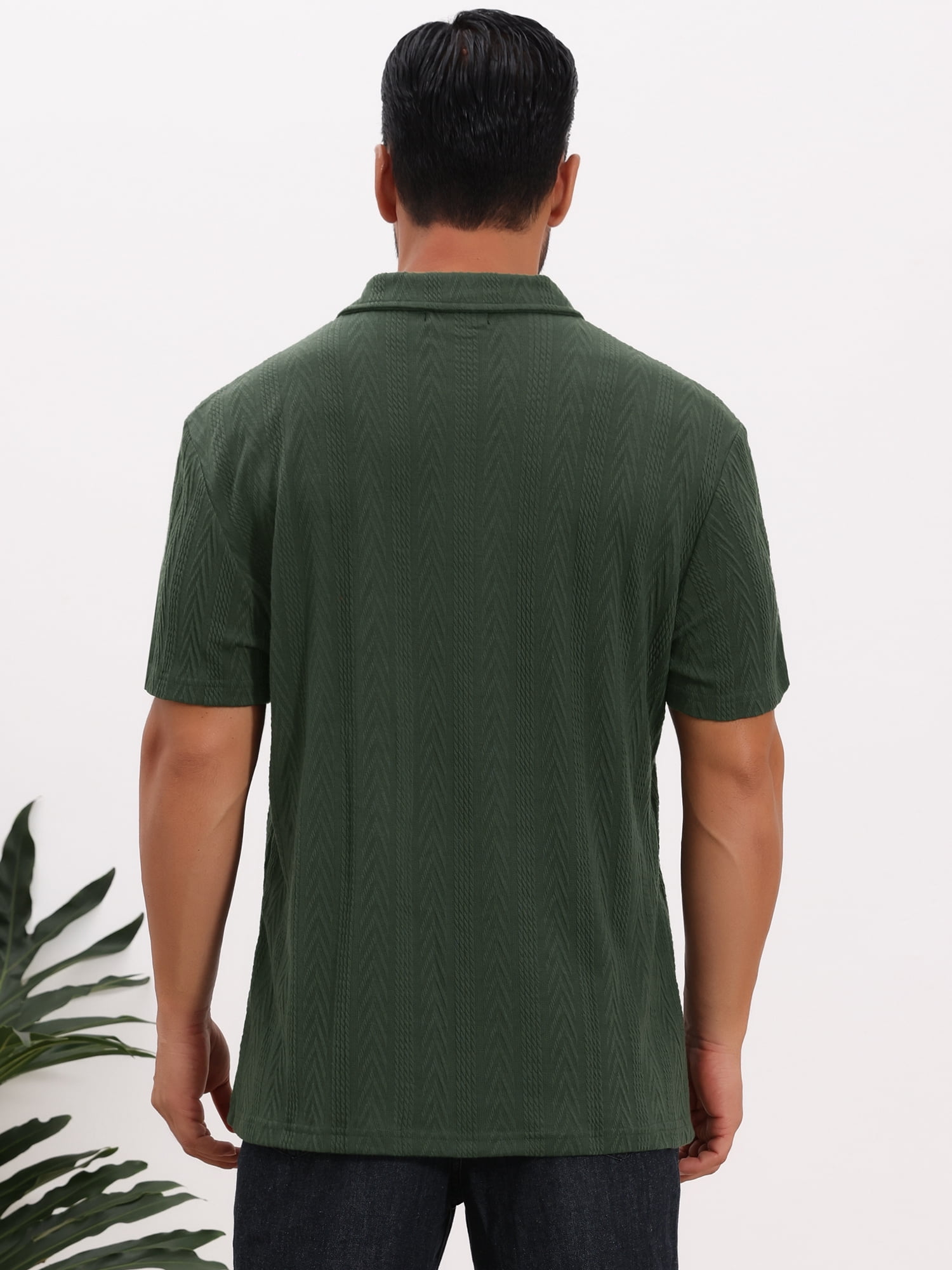 DARING DIVA Men's Jacquard Short Sleeve Button Down Collared Polo Shirts L Green