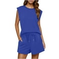 thumbnail image 2 of BXINGOHAI Two Piece Sets for Women Summer Crew Neck Lounge Short Sets Cap Sleeve Drawstring Sweatsuit with Pocket Blue L, 2 of 7