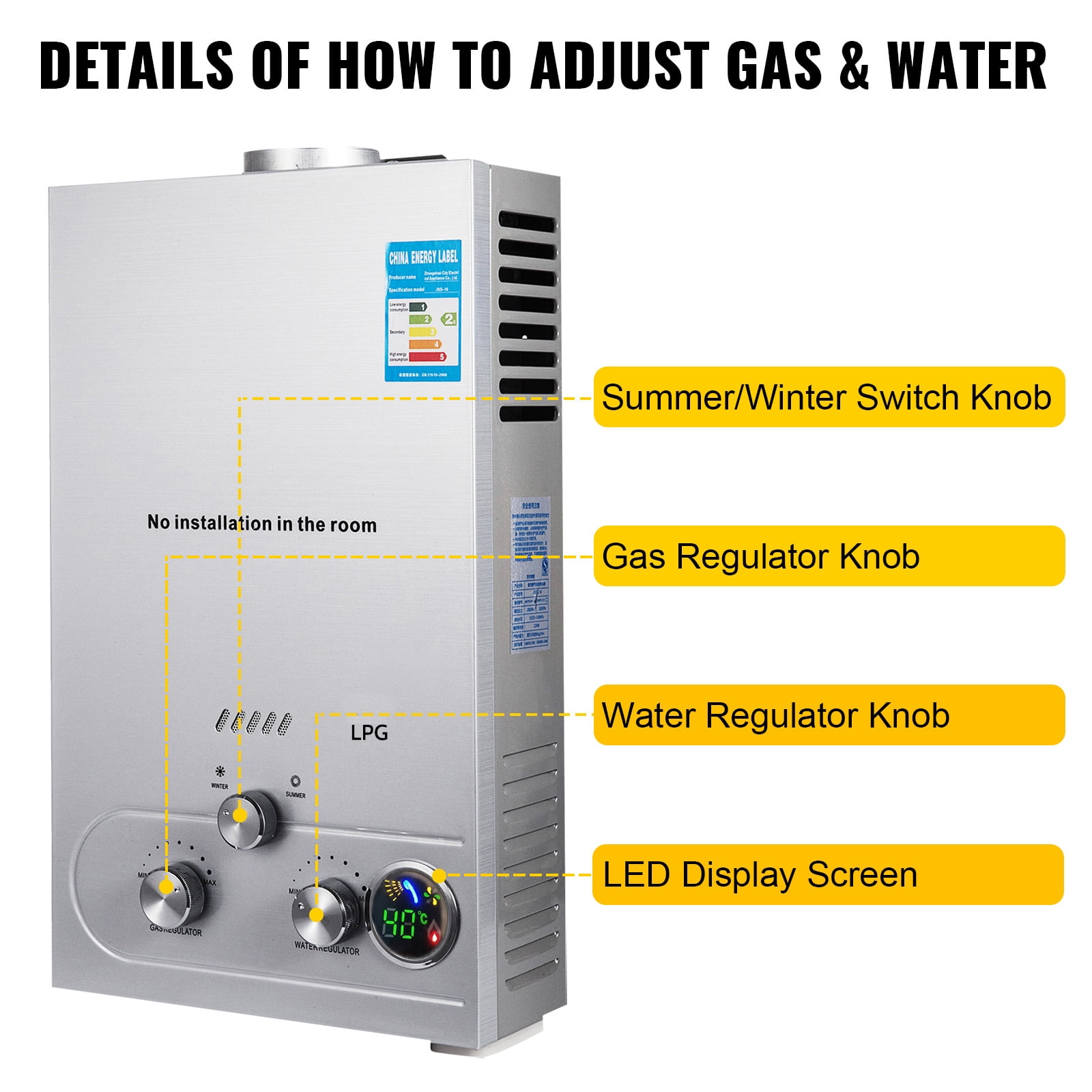 SIHAO 6L Tankless Water Heater for Home RV Camping Use - 1.6 GPM LPG Propane Gas Instant Hot Water Heater