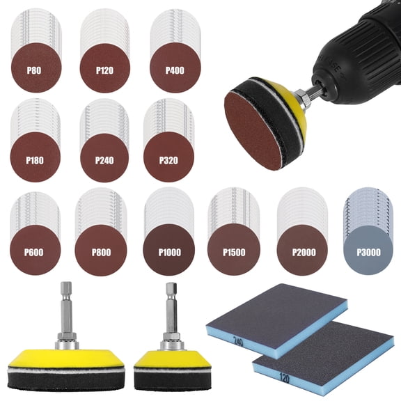 AEVXKHI 150PCS 3inch Sanding Disc Pads Set, Aluminum Oxide 80-3000 Grits Sanding Disc Drill Attachment and Sanding Sponge Sander with 1/4inch Connecting Rod for Drill Grinder Rotary Tools