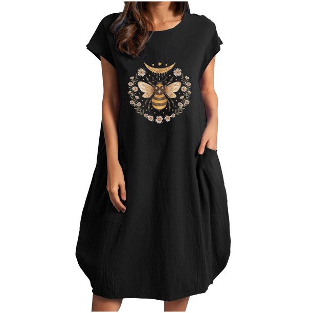 Vestido suelto de manga corta informal con estampado floral de algodón y lino de verano para mujer con bolsillo y cuello redondo Fridja qw3501