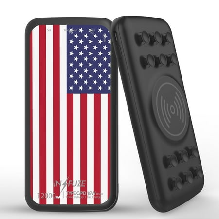 

INFUZE Qi Wireless Portable Charger for OnePlus 10 Pro External Battery (12000 mAh 18W Power Delivery USB-C/USB-A Quick Charge 3.0 Ports Suction Cups) - American Flag