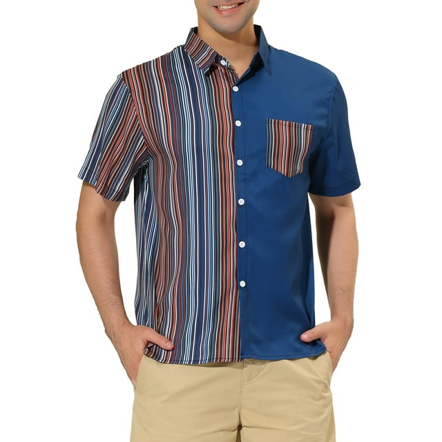 INSPIRE CHIC Men's Shirts Short Sleeve Summer Cotton Patchwork Button Down Shirts M Navy Brown