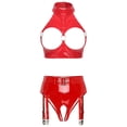 thumbnail image 5 of Conjunto de sujetador y ropa interior para mujer, sujetador con aros y remaches, top corto de charol con copa abierta, bragas sin entrepierna y ligas, 5 of 5