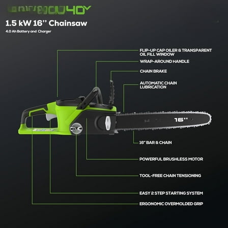 40V 16" Brushless Cordless Chainsaw, 4.0Ah Battery and Charger Included