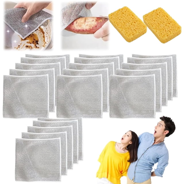 Graceiful Doble fregador de acero inoxidable, 2024 nuevo paño doble de acero inoxidable, paño multiusos antiarañazos, trapos de alambre para lavar platos húmedos y secos (20 unidades)