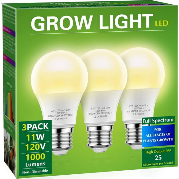 LED Grow Light Bulbs, Full Spectrum, Plant Light Bulbs E26 Base, 11W, 100W Equivalent, 3Pack