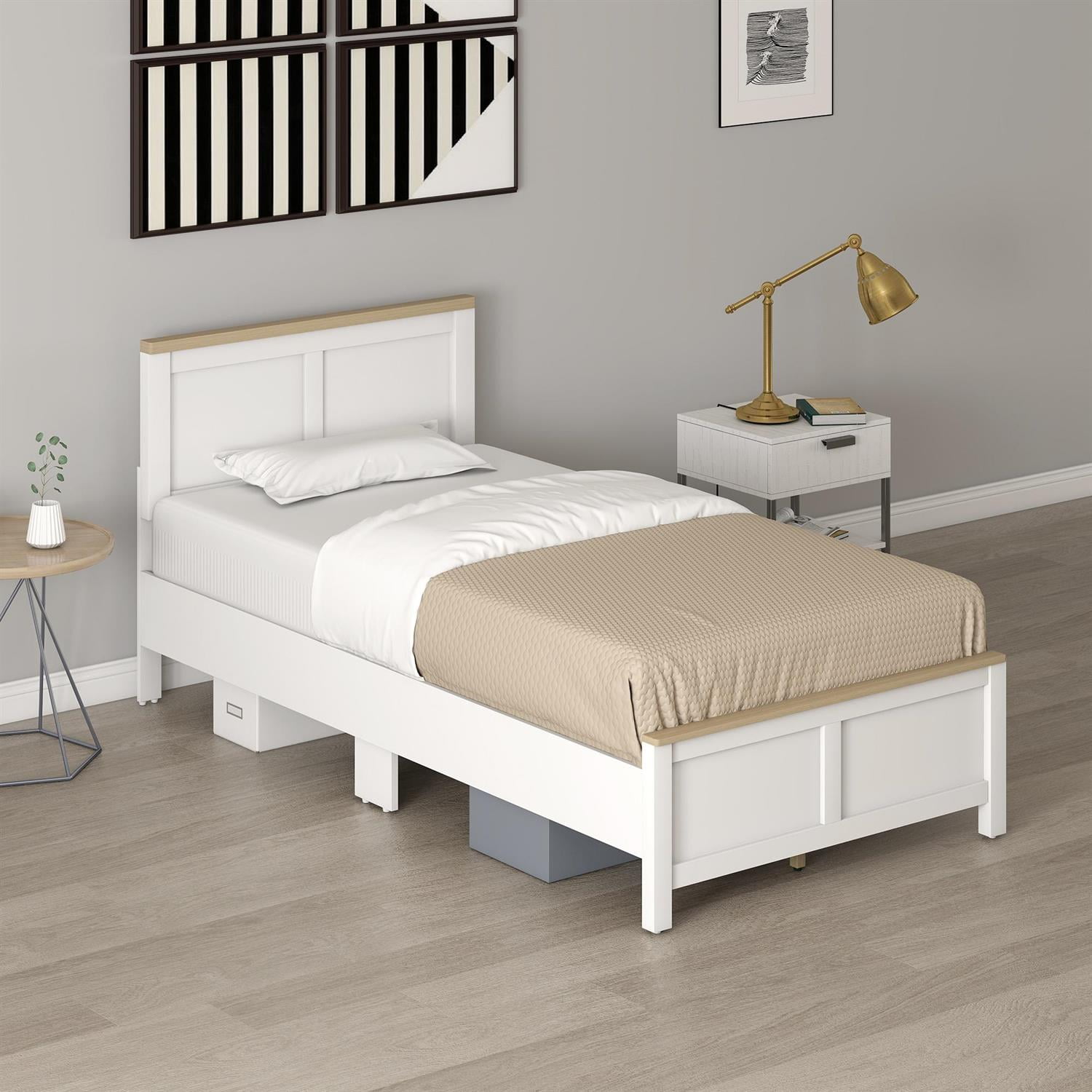 Demi Bonn Modern Twin Bedframe with Headboard, WoodSlat Design NoBoxSpringRequired, EasyAssembly Bed for Bedrooms, White