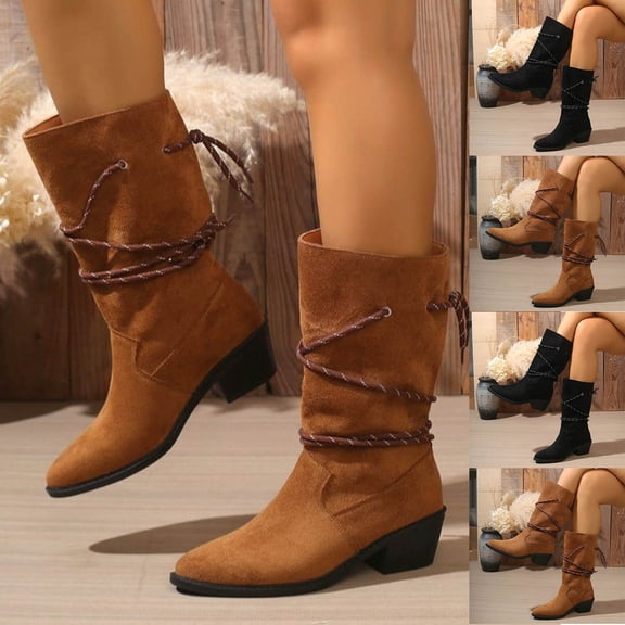 Lovzfmll Cowboy Boots for Women, Mid Calf Boots Mid Heel, Mid Heel Pointy Toe Wide Calf Cowgirl Boots Casual Brown Boots